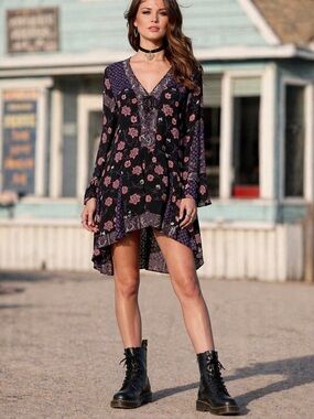 Anna Sui x O’Neill Black Boho Dark Romantic Whimsigoth Lace Up Dress High Low